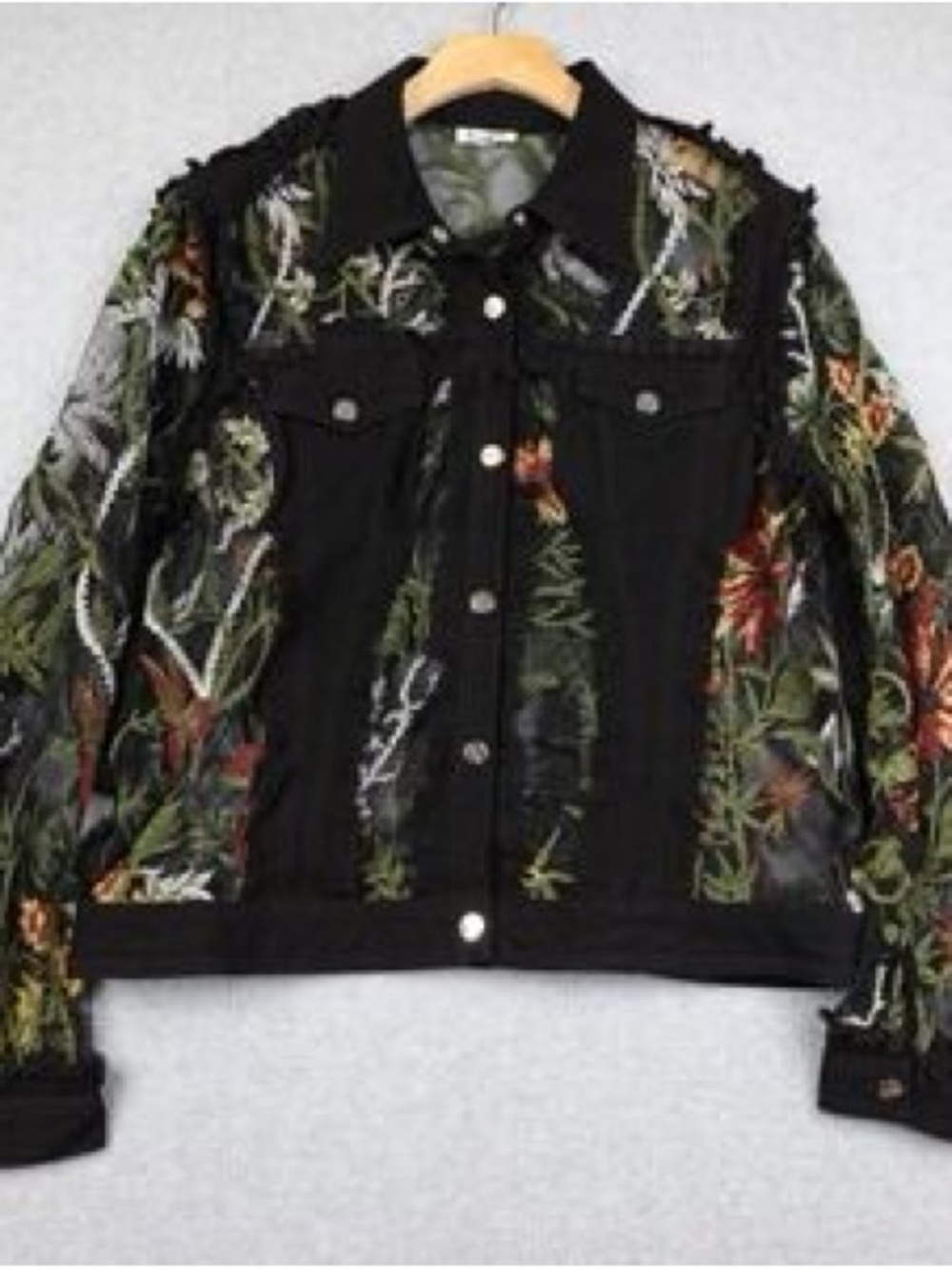 Paris Hues black floral embroidered denim jacket